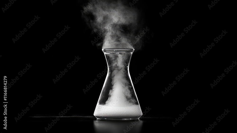Aufkleber Close up of abstract steam or smoke rising from a glass flask creating a dramatic effect on a black background showcasing fluid dynamics