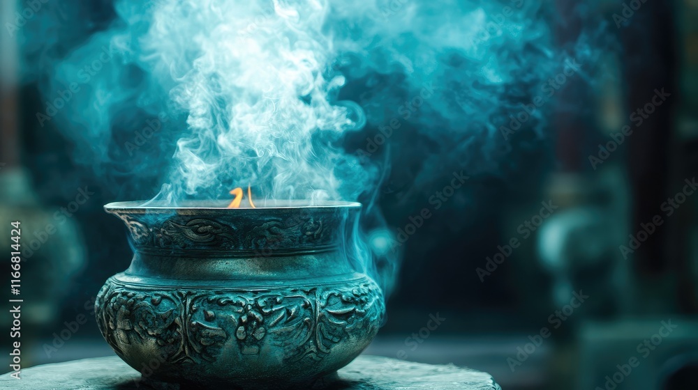 Aufkleber incense pot releasing aromatic smoke with detailed embossing in a serene atmosphere creating a tranq