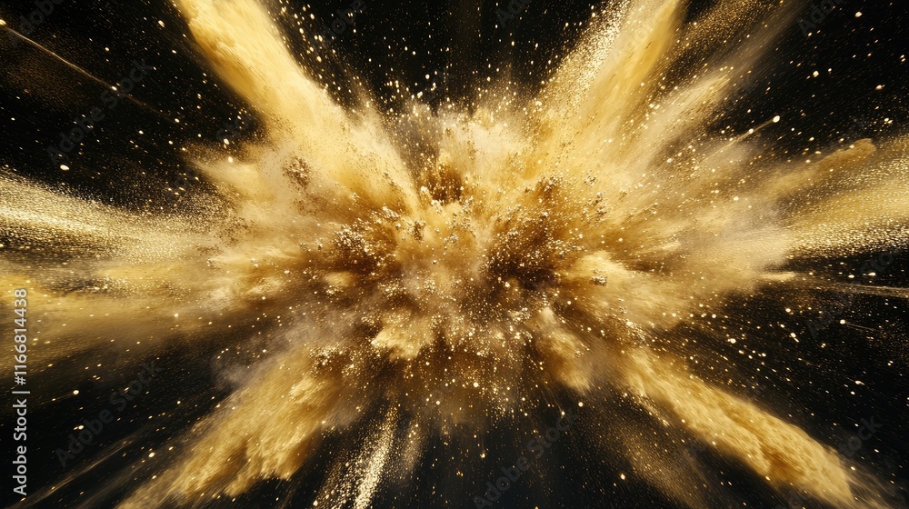 Poster golden powder explosion in dark space creating an artistic and dynamic visual effect with vibrant te