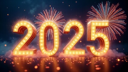 Illuminated 2025 sign with dazzling fireworks display. Perfect for New Year's celebrations.