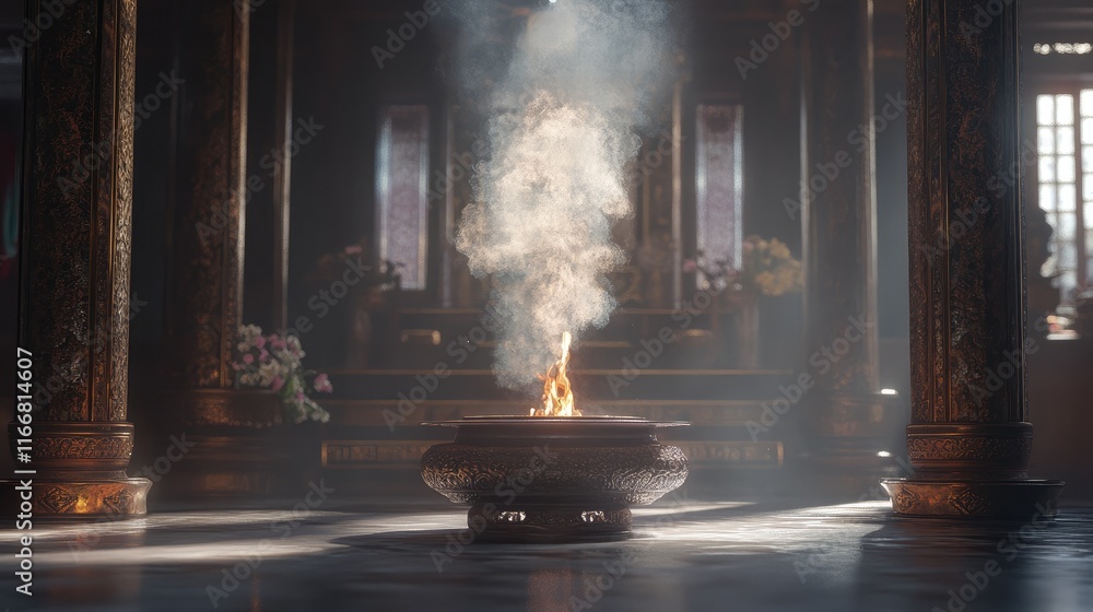 Aufkleber mesmerizing incense smoke rising from an ornate burner in a tranquil temple setting, illuminated by 