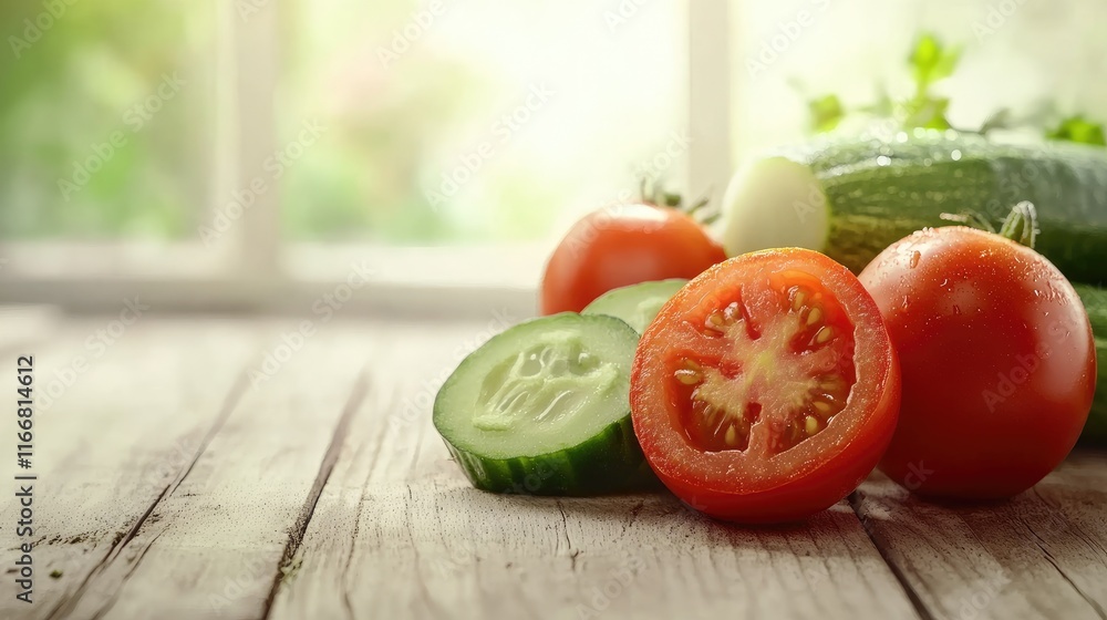 Poster fresh organic cucumbers and tomatoes arranged on rustic wooden table with natural light highlighting