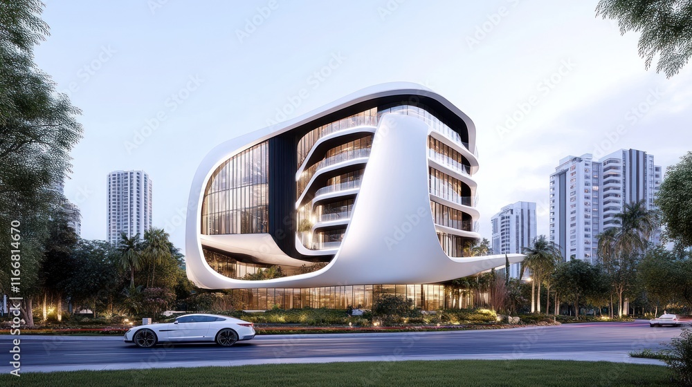 Poster modern architectural building with sleek design and surrounding greenery.