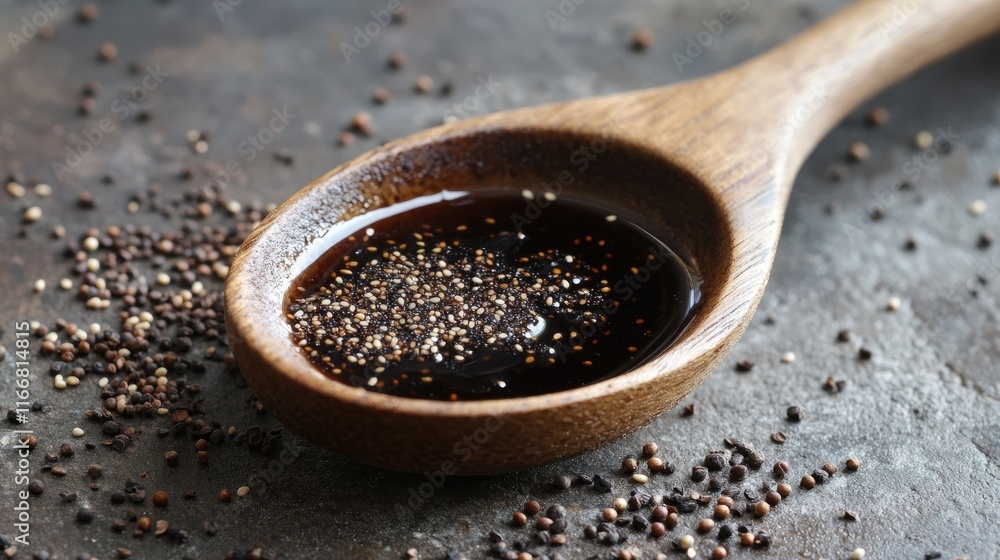 Aufkleber Wooden spoon with dark liquid and scattered condiment seeds on a textured surface creating a rustic culinary atmosphere