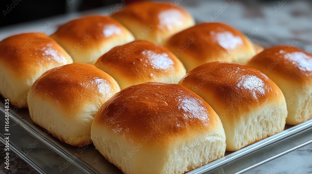 Poster freshly baked golden brown bread rolls arranged on a baking tray creating an inviting and appetizing