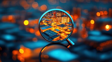 Urban nightscape exploration through a magnifying glass vibrant city lights photography city environment close-up view visual concept