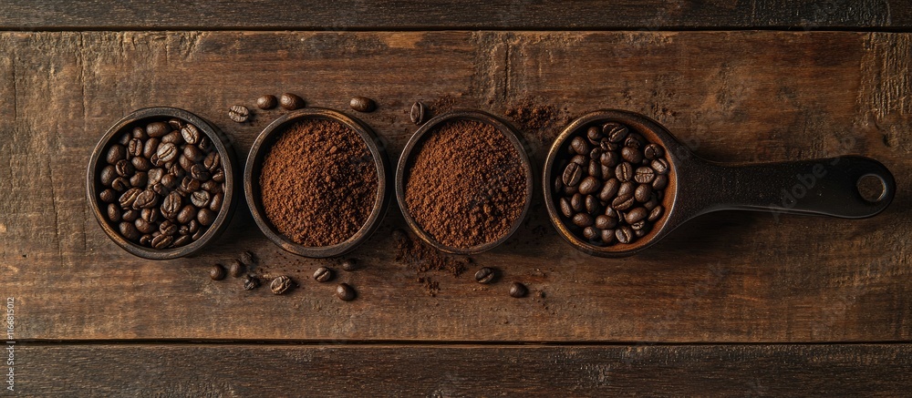 Poster Ground coffee and roasted coffee beans displayed in scoops on a rustic wooden surface highlighting the rich textures and colors of coffee.