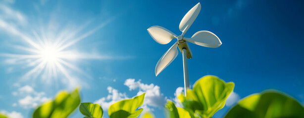 vertical axis wind turbine with modern design stands in sunny, green environment