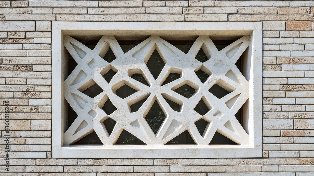 Poster geometric window design featuring unique patterns on textured brick wall
