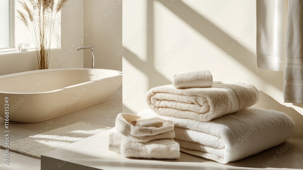 Aufkleber Serene bathroom setup featuring soft towels and natural light creating a calming and inviting atmosphere for relaxation