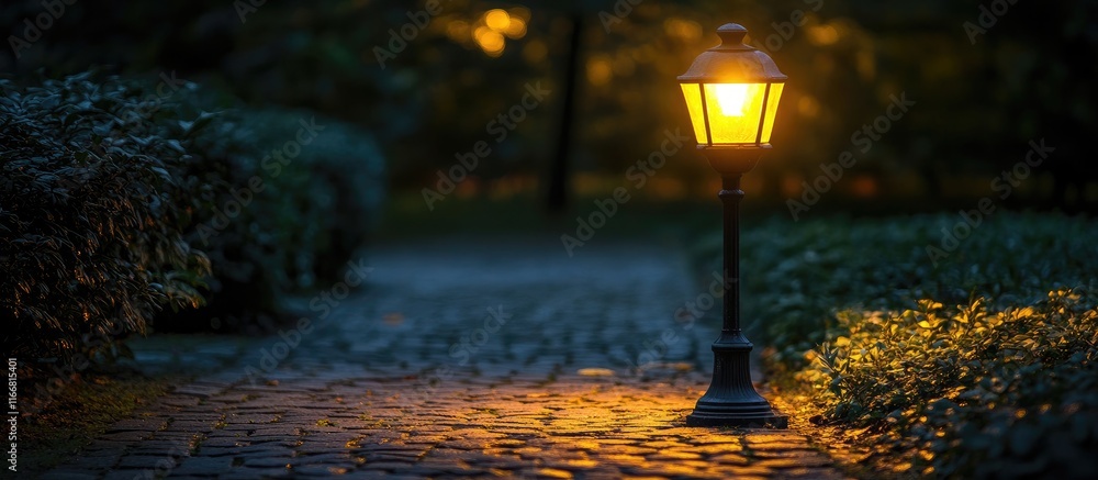 Aufkleber cozy nighttime ambiance with illuminated street lamp on a serene cobblestone path surrounded by lush