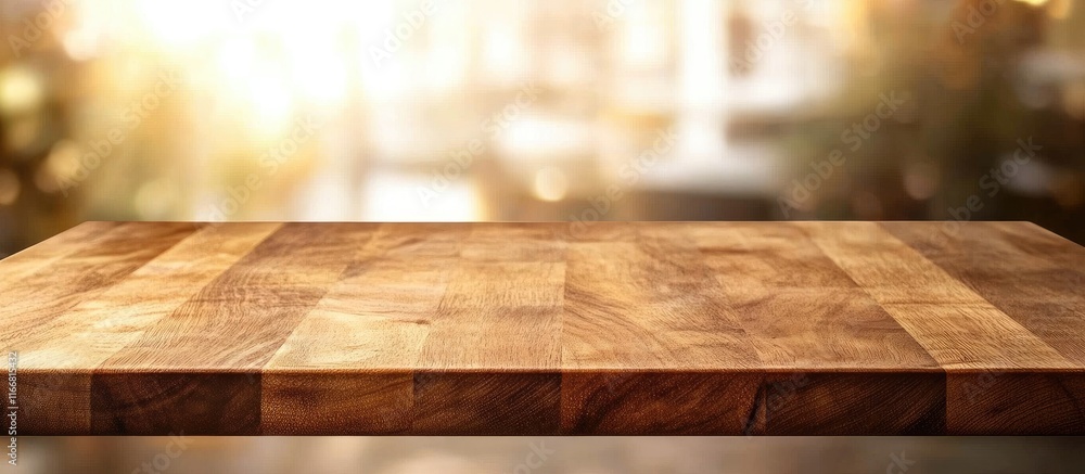Poster wooden table with rich brown finish against blurred golden bokeh background perfect for product disp