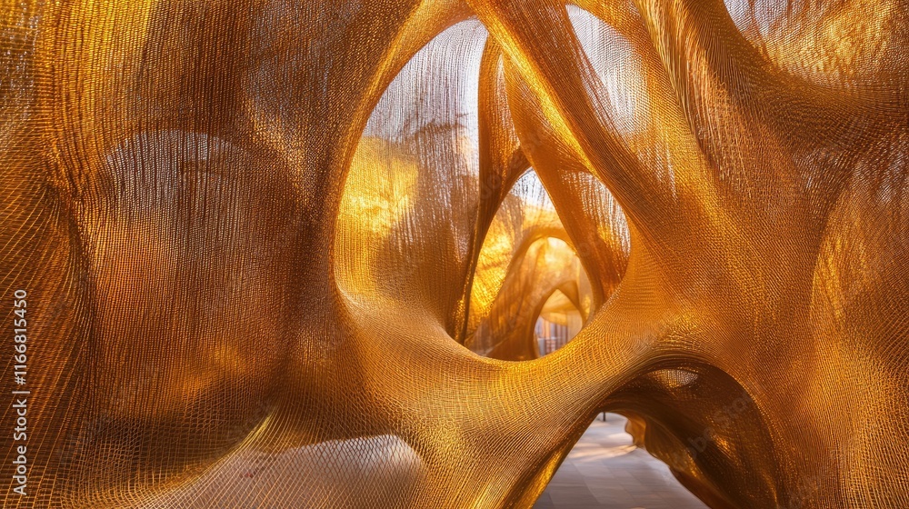 Poster golden textured fabric creating an abstract organic structure illuminated by soft light in a modern 