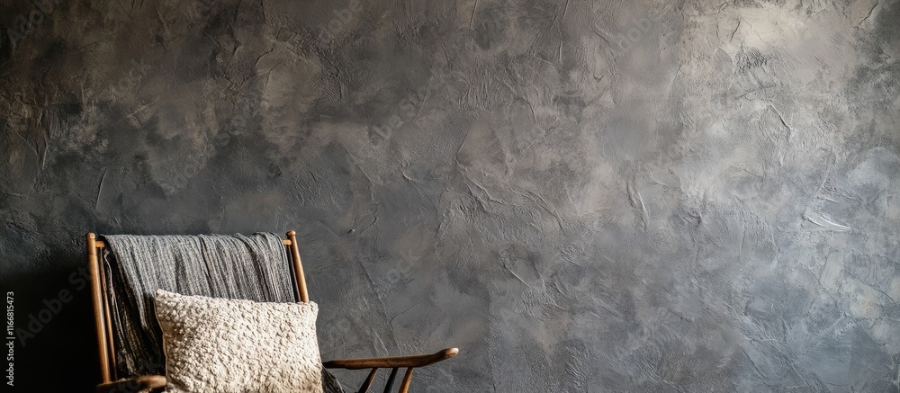 Poster artisanal grey plaster wall texture with unique craftsmanship and minimalist chair creating a stylis