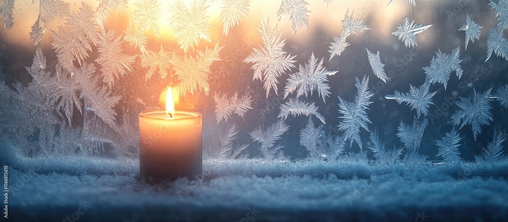 Poster frosted winter window featuring intricate ice patterns and a warm candle glow creating a serene atmo