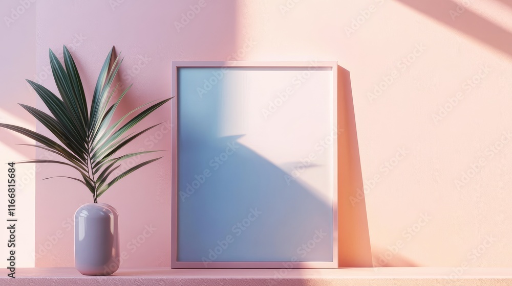 Poster minimalist interior design with geometric aesthetics and soft color palette featuring a plant and em