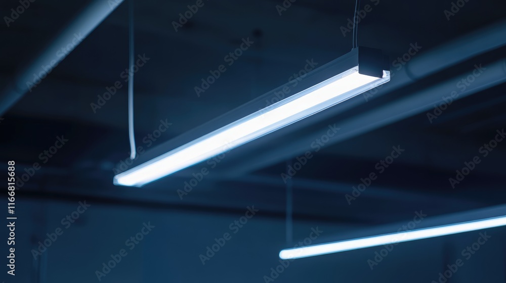 Poster modern minimalistic fluorescent ceiling light fixture illuminating a dark industrial space with a sl