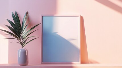 Minimalist Interior Design with Geometric Aesthetics and Soft Color Palette Featuring a Plant and Empty Frame