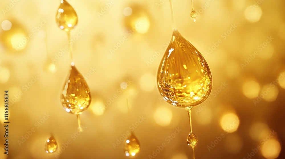 Poster golden honey dripping drops backdrop with soft light and bokeh effect for textures and backgrounds