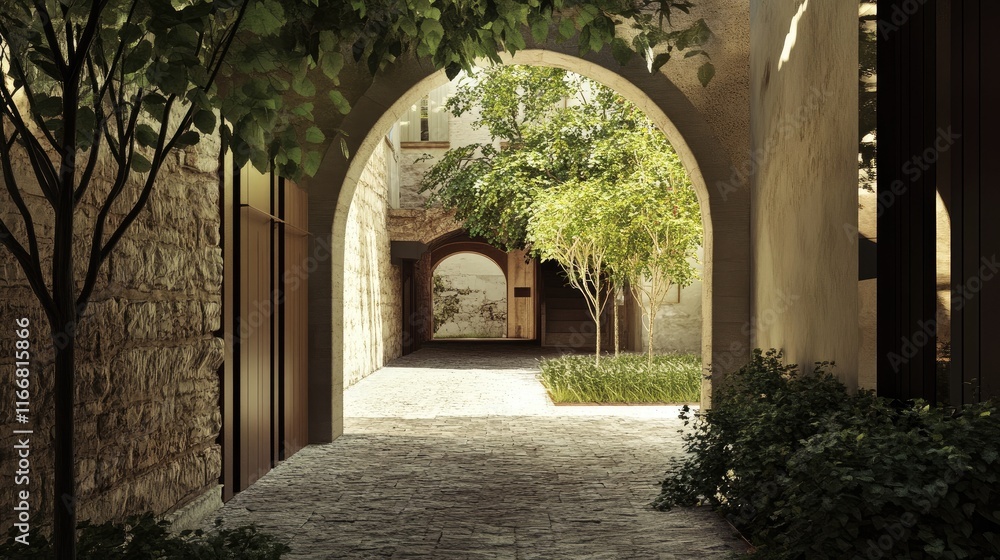 Poster archway view of a serene pedestrian street framed by nature and architectural elements in a pictures