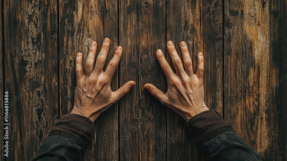 Aufkleber human hands resting on a rustic wooden surface creating a connection with nature and texture in a warm inviting atmosphere