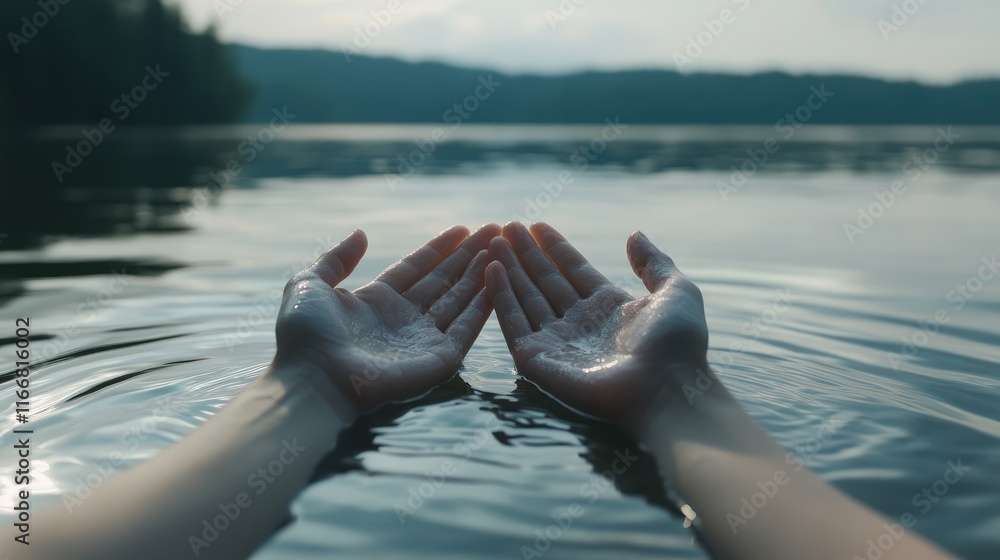 Poster serene hands reaching out over calm lake waters with a tranquil nature background reflecting peace a