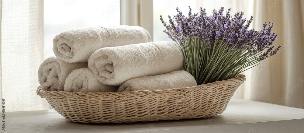 Poster cozy home spa decor with rolled towels and lavender bouquet in a woven basket creating a relaxing at
