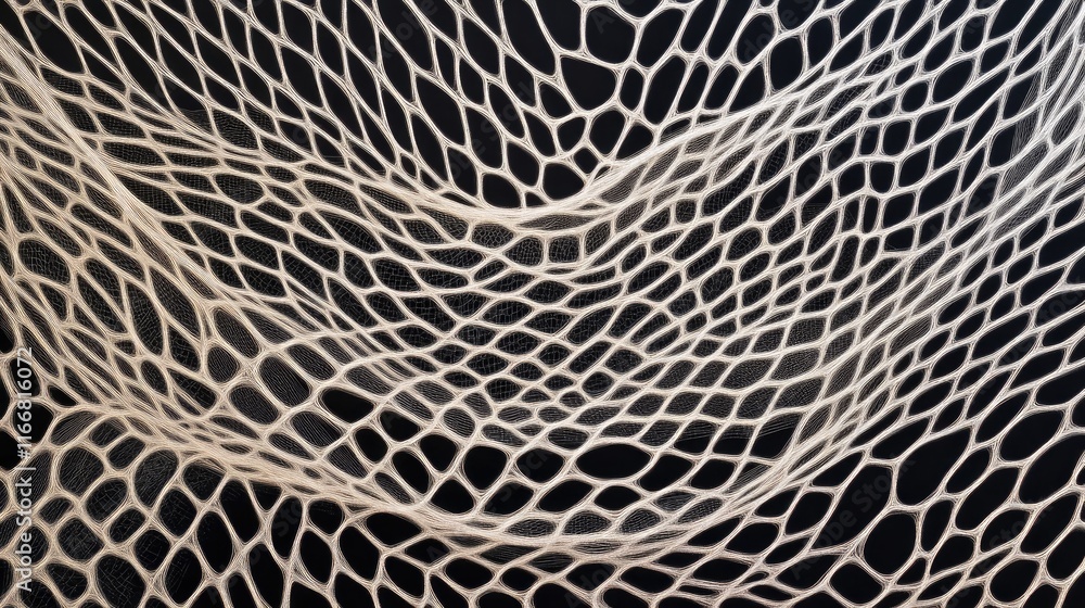 Poster abstract geometric mesh and net texture on deep black background creating a visual depth and artisti