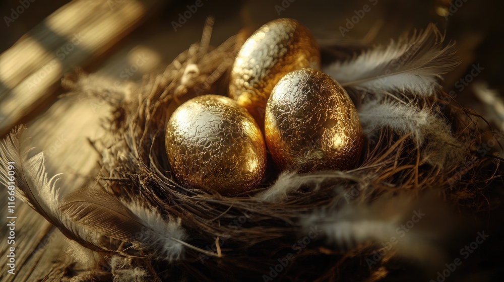 Poster golden eggs nestled in a rustic nest with delicate feathers on a wooden table creating a luxurious a