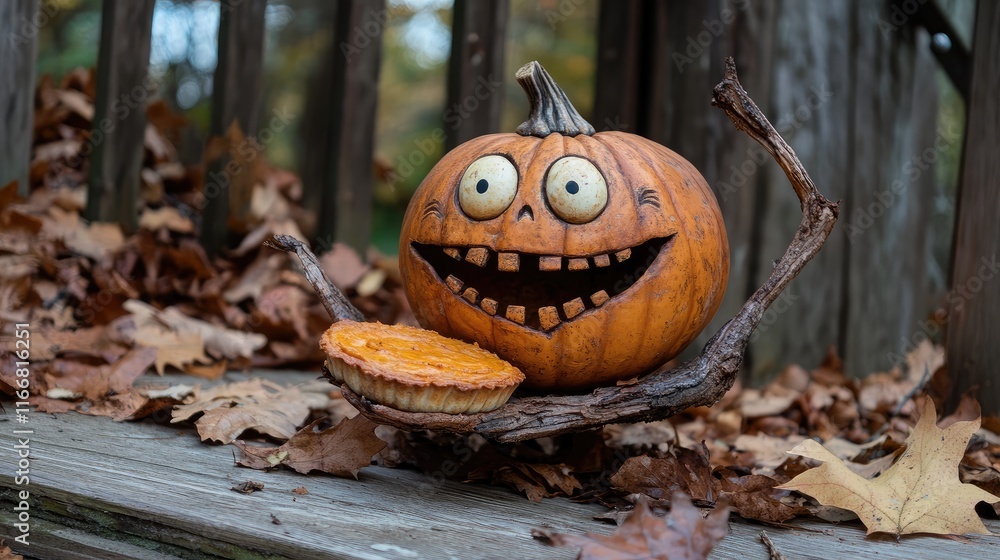 Poster funny halloween pumpkin character presenting pie on a rustic porch surrounded by autumn leaves and t