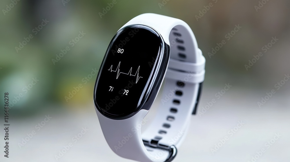 Poster a smartwatch displaying heart rate monitoring on its screen.