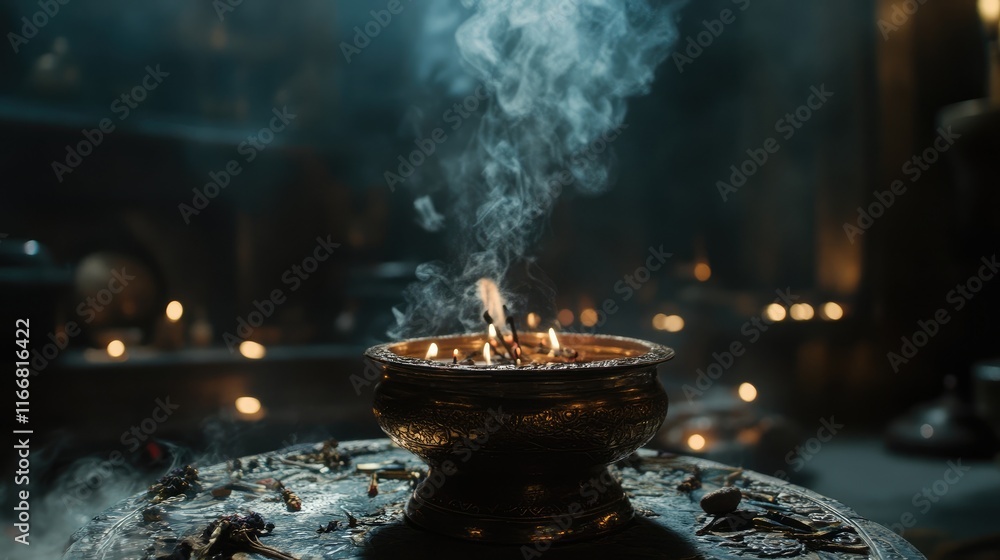Poster Incense burner with aromatic smoke creating a tranquil ambiance in a dimly lit setting for meditation or spiritual practices