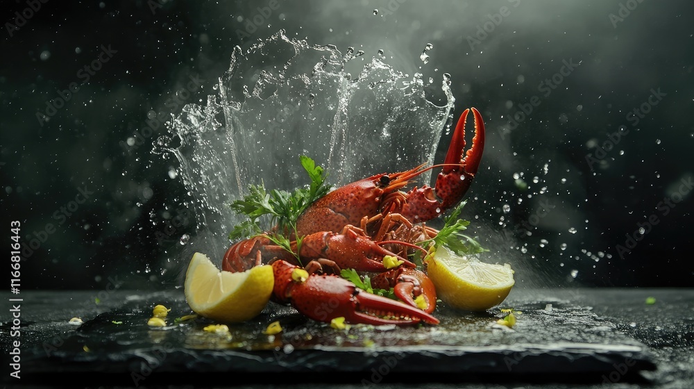 Aufkleber boiled crawfish with lemon and fresh herbs splashing in juice on a slate plate showcasing healthy se