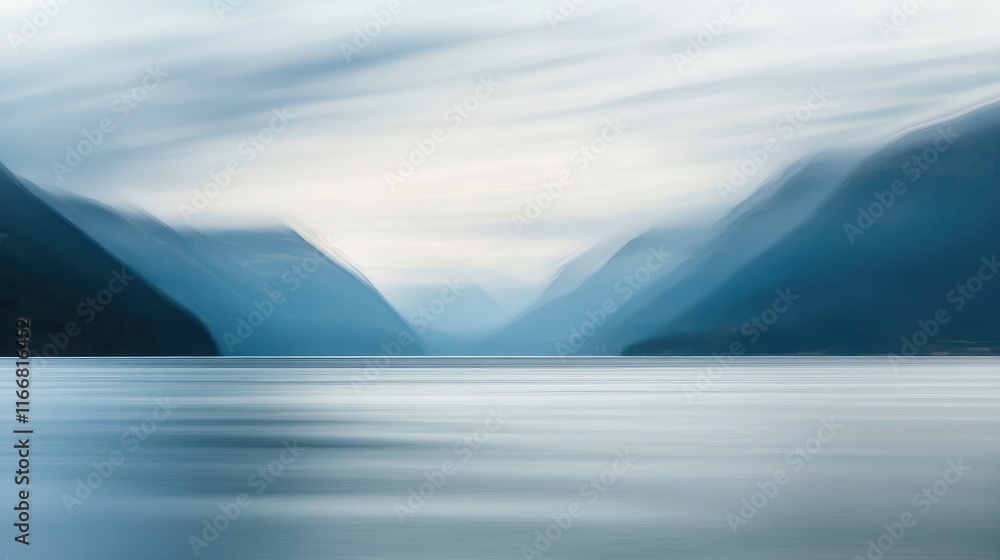 Poster serene landscape with blurred mountains and tranquil water creating a dreamy atmosphere of nature's 