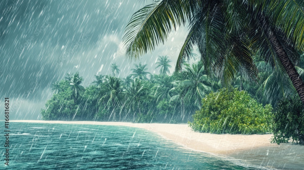 Aufkleber tropical beach paradise with palm trees and rain creating a serene atmosphere for luxury vacation tr