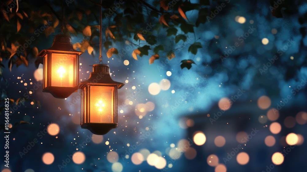 Poster hanging lanterns illuminated against a bokeh night sky creating a serene atmosphere for festive cele