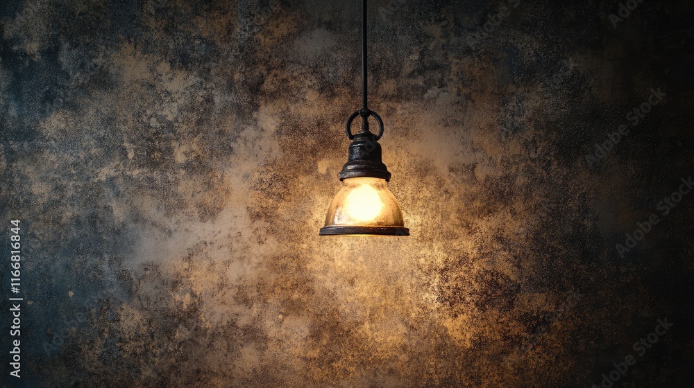 Aufkleber vintage hanging lamp illuminating a textured wall with warm tones creating a cozy and rustic atmosph