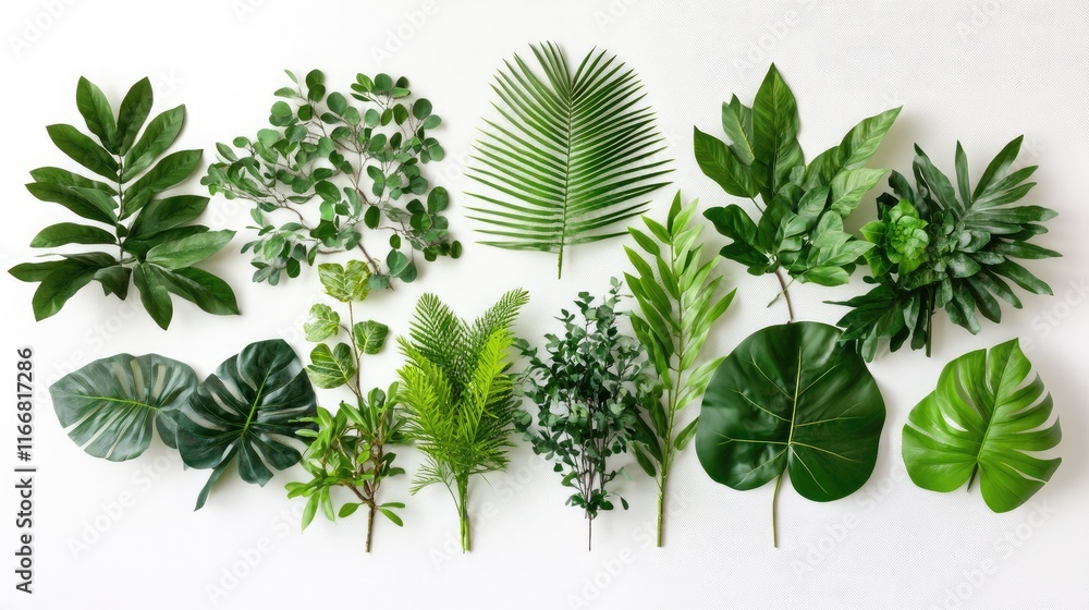 Aufkleber flat lay of assorted tropical plant leaves on a neutral background showcasing lush greenery and bota