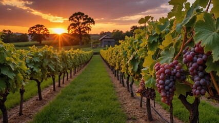 Naklejka premium A row of grape vines with a house in the background. The sky is orange and the grapes are ripe
