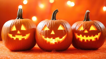 Halloween Pumpkins with Jack O Lantern Faces Glowing on Vibrant Orange Background Perfect for Fall Seasonal Celebrations and Events