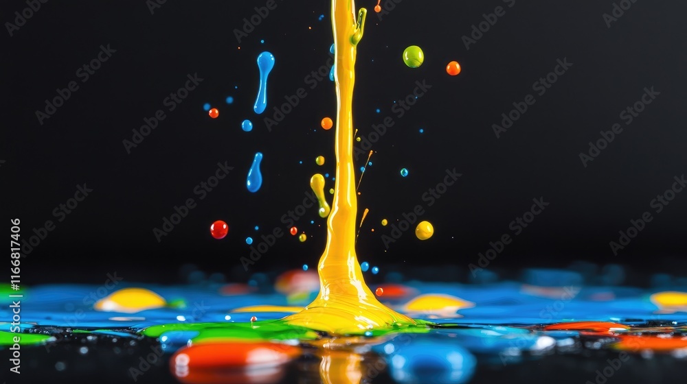 Poster vibrant paint splashes on black background creating artistic abstract texture