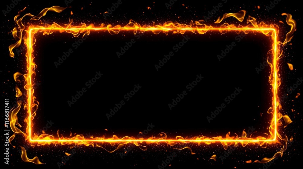 Wall mural abstract flames frame on black background with copy space. rectangular border of bright yellow fire.