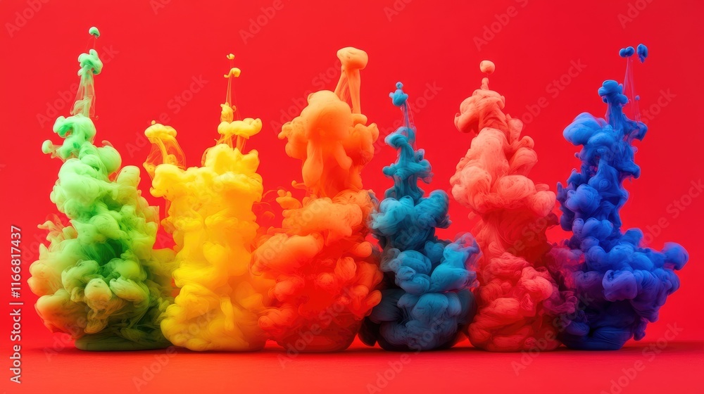 Poster colorful ink splashes creating vibrant clouds on red background showcasing a dynamic and artistic ex