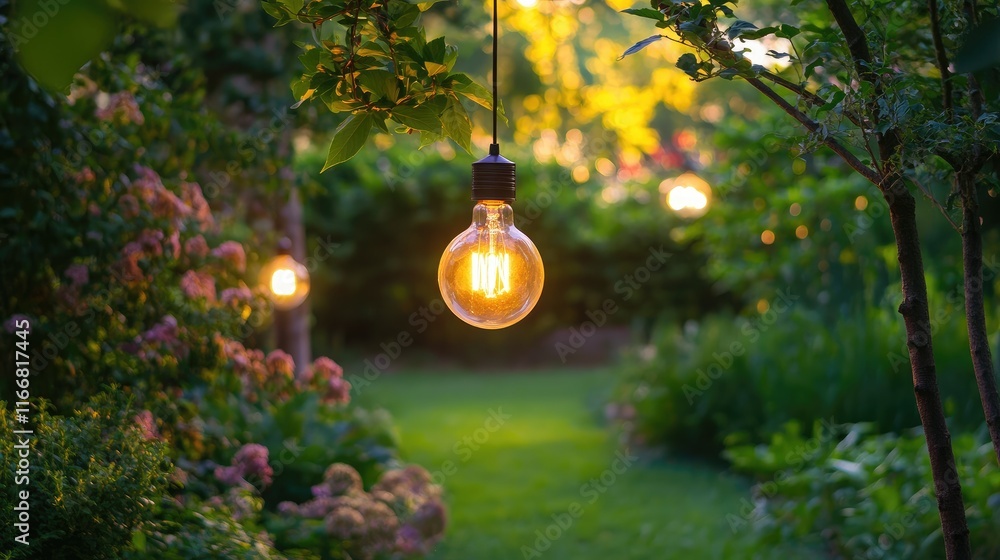 Poster Incandescent light bulb illuminated in a serene garden setting with lush greenery and blooming flowers during a golden hour backdrop
