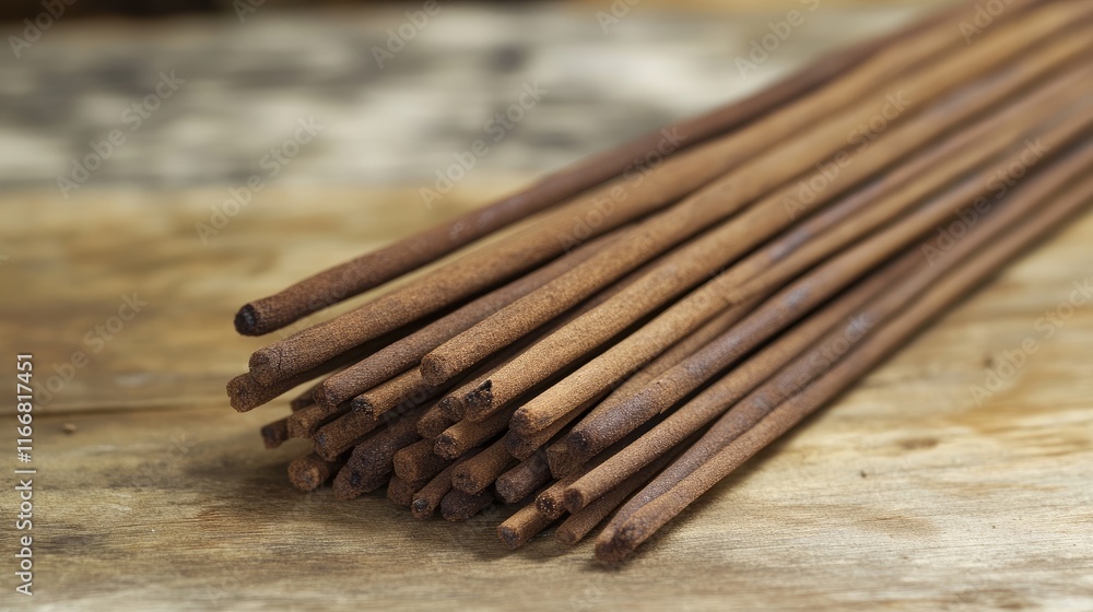 Poster Natural incense sticks arranged neatly on a rustic wooden surface creating a calming and aromatic atmosphere for relaxation and meditation.