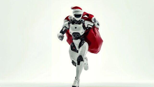 Futuristic robot Santa running in slow motion with a red gift sack. Minimal concept with copy space