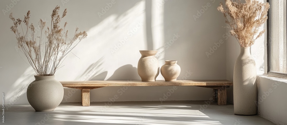 Poster handcrafted ceramic vases elegantly arranged on a minimalist shelf in a sunlit studio highlighting u