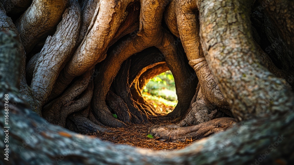 Poster cross section of a gnarled tree trunk revealing inner textures and natural light peering through tun