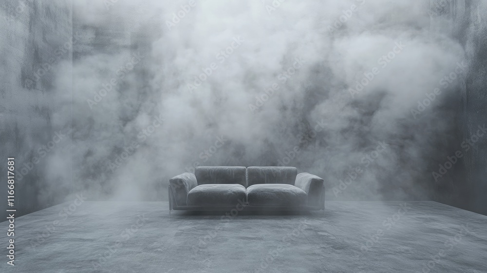 Poster gray sofa surrounded by mist in modern monochromatic room setting with ethereal fog effects