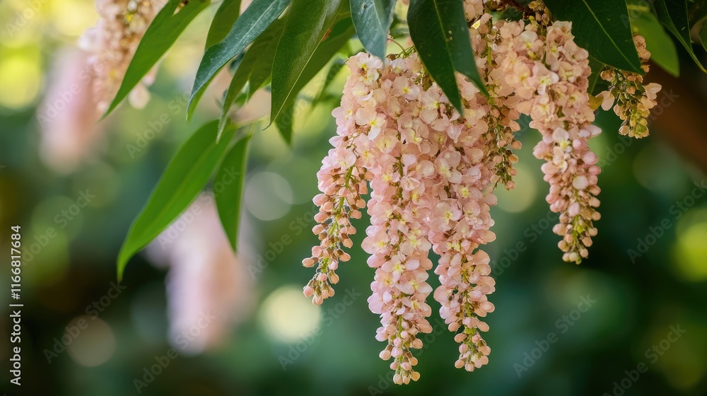 Poster delicate pink flowering branches hanging from lush green tree in soft focus botanical scene